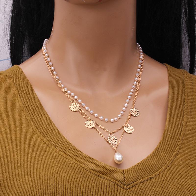 Jewelry disc crack sense multi-layer necklace personality retro geometric pearl pendant clavicle chain