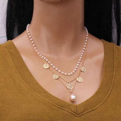 Jewelry disc crack sense multi-layer necklace personality retro geometric pearl pendant clavicle chain