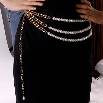 Jewelry Punk Hip Hop Geometric Asymmetric Chain Body Chain Women Retro Imitation Pearl Waist Chain