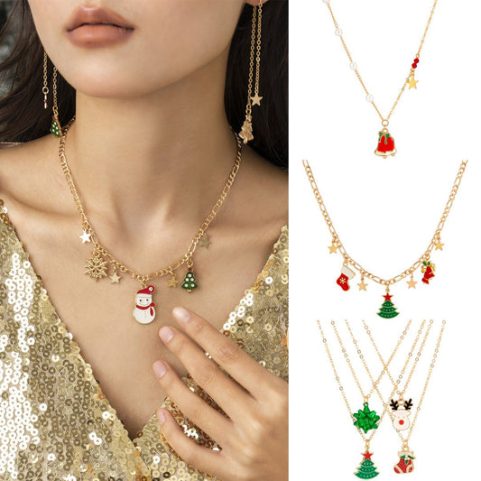 Jewelry Creative Diversified Christmas Tree Snowman Necklace Female Simple Imitation Pearl Drip Oil Star Necklace