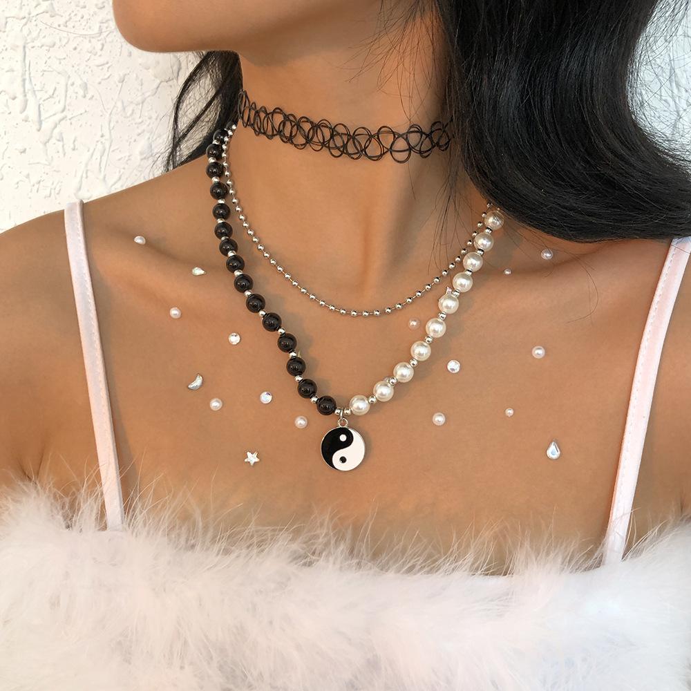 N9661 Jewelry Contrasting Color Pearl Bead Necklace Dripping Oil Tai Chi Gossip Creative Sexy Necklace Female