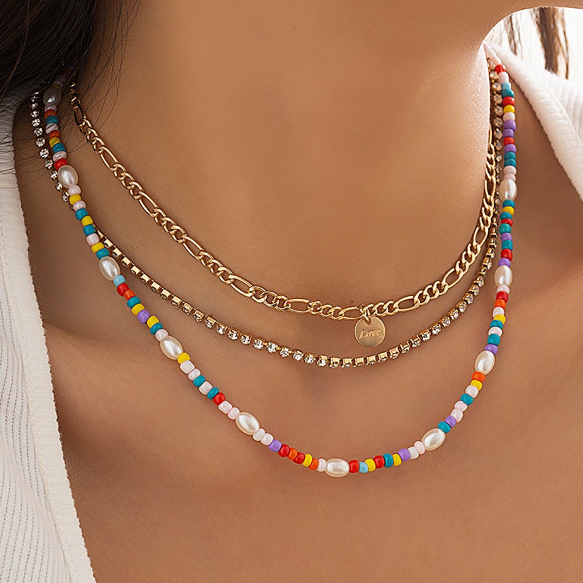 Jewelry Claw Chain Metal Alphabet Sequin Necklace Ethnic Color Rice Beads Imitation Pearl Multilayer Necklace