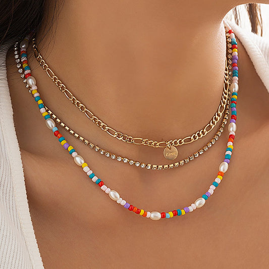 Jewelry Claw Chain Metal Alphabet Sequin Necklace Ethnic Color Rice Beads Imitation Pearl Multilayer Necklace