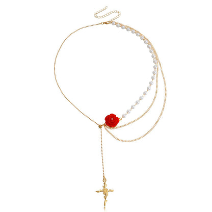 Jewelry Love Rose Cross Necklace Multilayer Sweater Chain Trendy Cool Ins Versatile Necklace