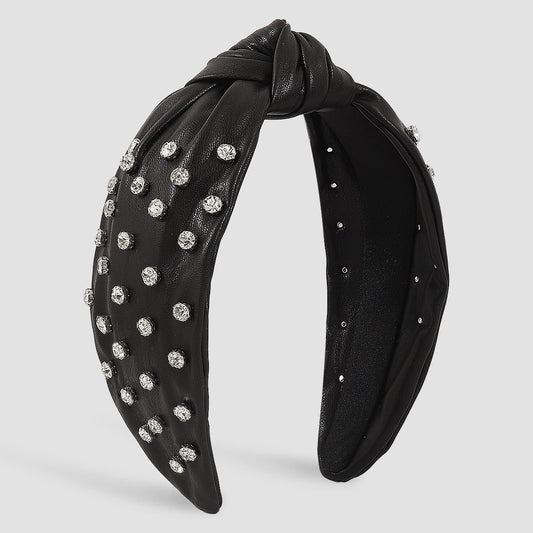F5116 Exaggerated Heavy Industry Leather Rhinestone Headband Creative Personality Pure Color Knotted Fashion Light Luxury Headband