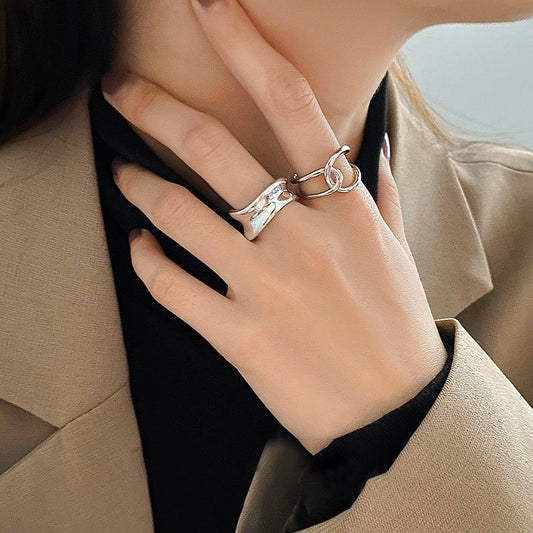 Fashion personality retro geometric open ring light luxury niche cross smooth couple ring tail ring index finger ring