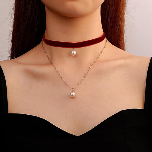 Net red simple double-layer collar retro velvet pearl choker necklace pendant clavicle chain