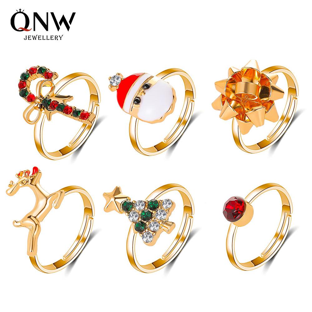 Christmas Ornaments Cute Cartoon Elk Christmas Tree Ring 6-Piece Set Drip Oil Opening Adjustable Ring Jewelry