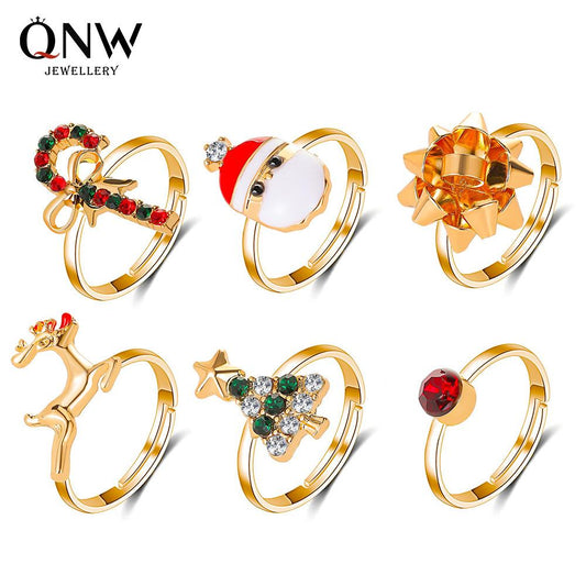 Christmas Ornaments Cute Cartoon Elk Christmas Tree Ring 6-Piece Set Drip Oil Opening Adjustable Ring Jewelry