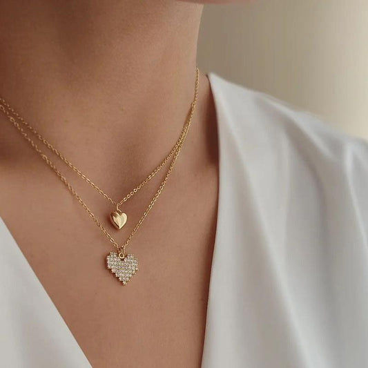 Ins full diamond love necklace female fashion light luxury double-layer heart-shaped clavicle chain niche design peach heart necklace