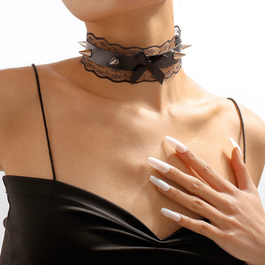 N1283 Exaggerated Punk Sexy Necklace Rivet Lace Bow PU Collar Short Night Necklace