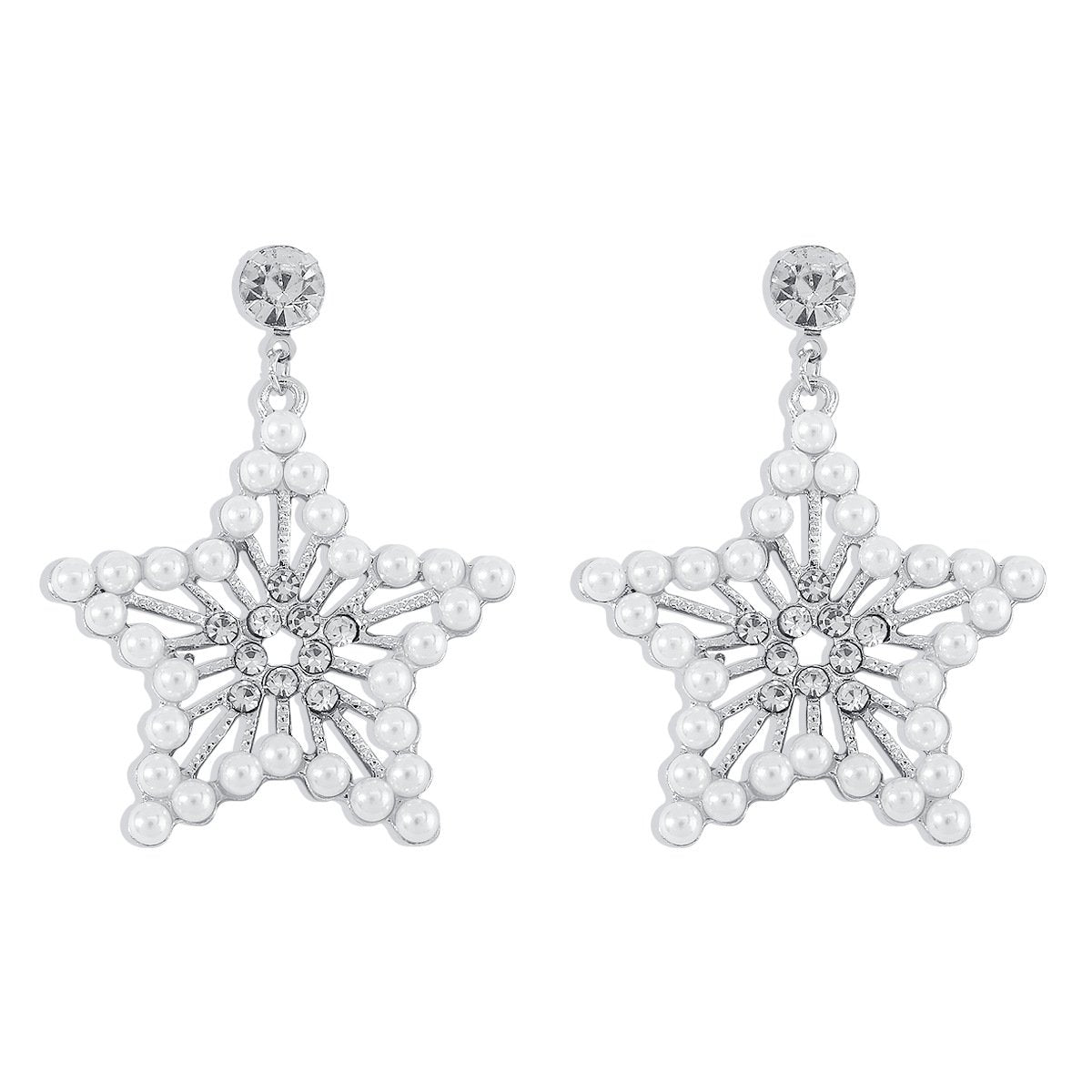 162 French light luxury romantic five-pointed star earrings pearl rhinestone hollow earrings net red geometric popular earrings