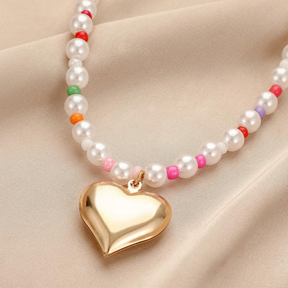 Bohemian colorful rice beads pearl heart rainbow short necklace collarbone chain necklace cute fashion all-match accessories