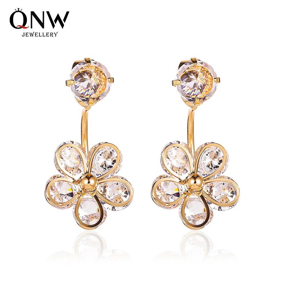 Ins cold five-petal flower back hanging earrings sweet crystal flower earrings net red earrings