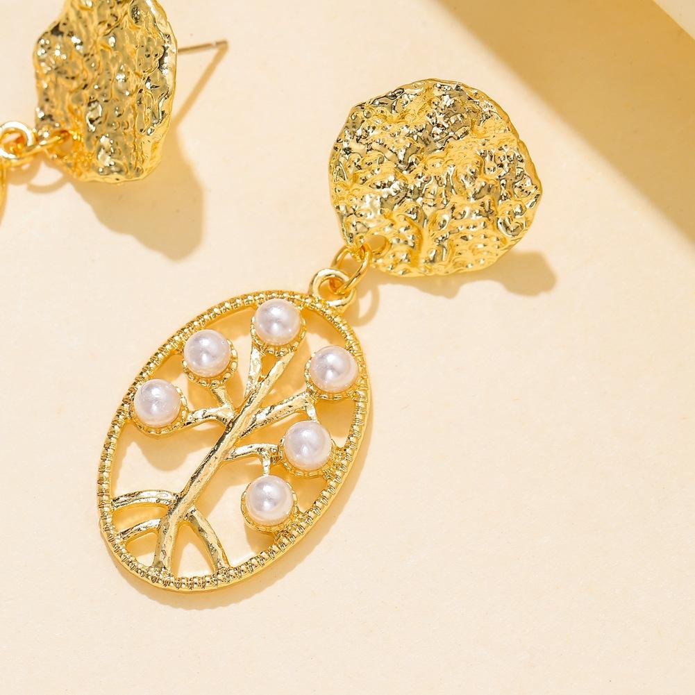 Earrings Creative Oval Tree of Life Metal Irregular Geometric Versatile Pearl Earrings