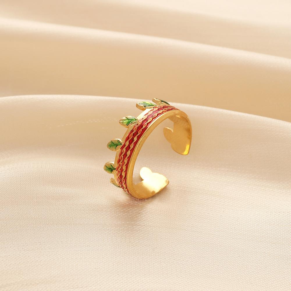 Fashion cute personality simple fashion stainless steel opening drop oil color leaf ring titanium steel ring