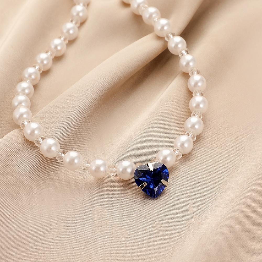 Simple Fashion Blue Love Pearl Crystal Short Clavicle Chain Necklace Versatile Temperament Personality Female Jewelry