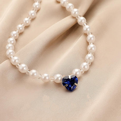 Simple Fashion Blue Love Pearl Crystal Short Clavicle Chain Necklace Versatile Temperament Personality Female Jewelry