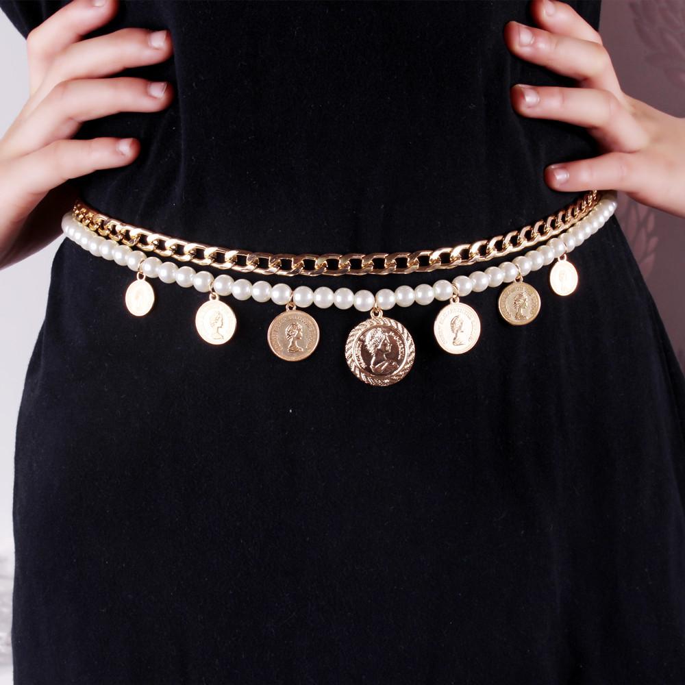 Jewelry Personality Retro Slim Thick Chain Body Chain Female Simple Double Layer Imitation Pearl Pendant Waist Chain