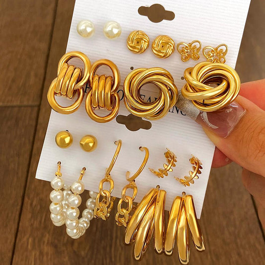 Pearl twist earring set ins fashion personality exaggerated circle geometric earring six-piece set