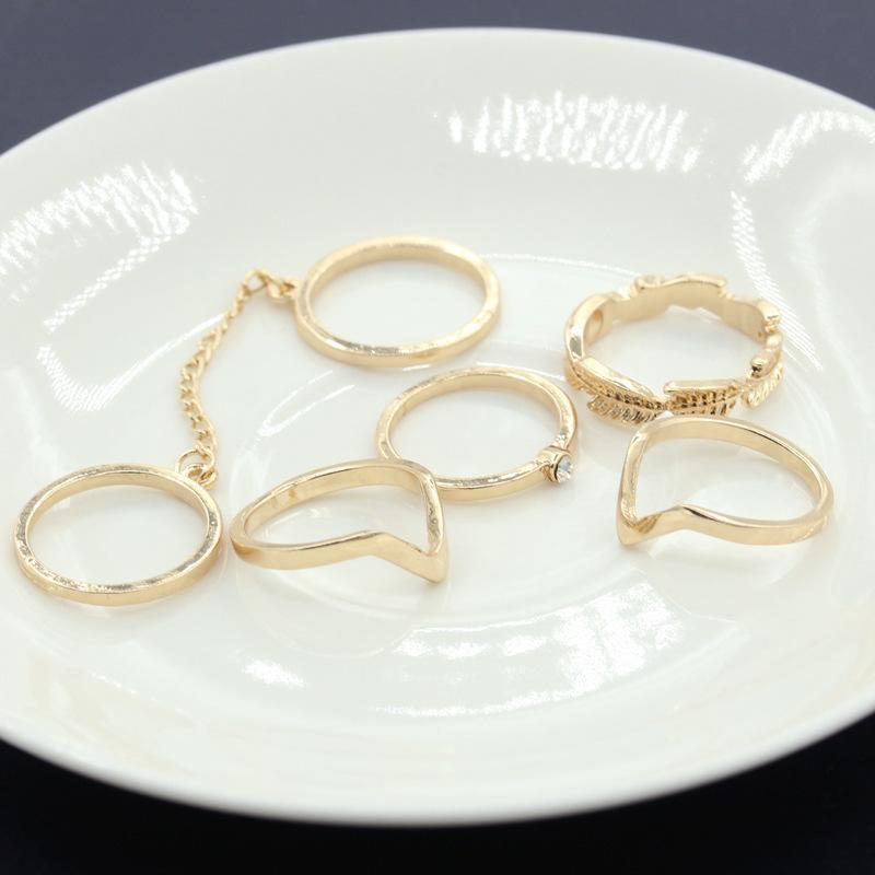 Personality fashion all-match ring diamond leaf leaf V-shaped joint finger chain 6-piece set finger