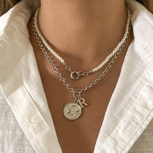 Jewelry Temperament Millet Grain Pearl Clavicle Necklace Fashion Retro Angel Tag Letter Necklace