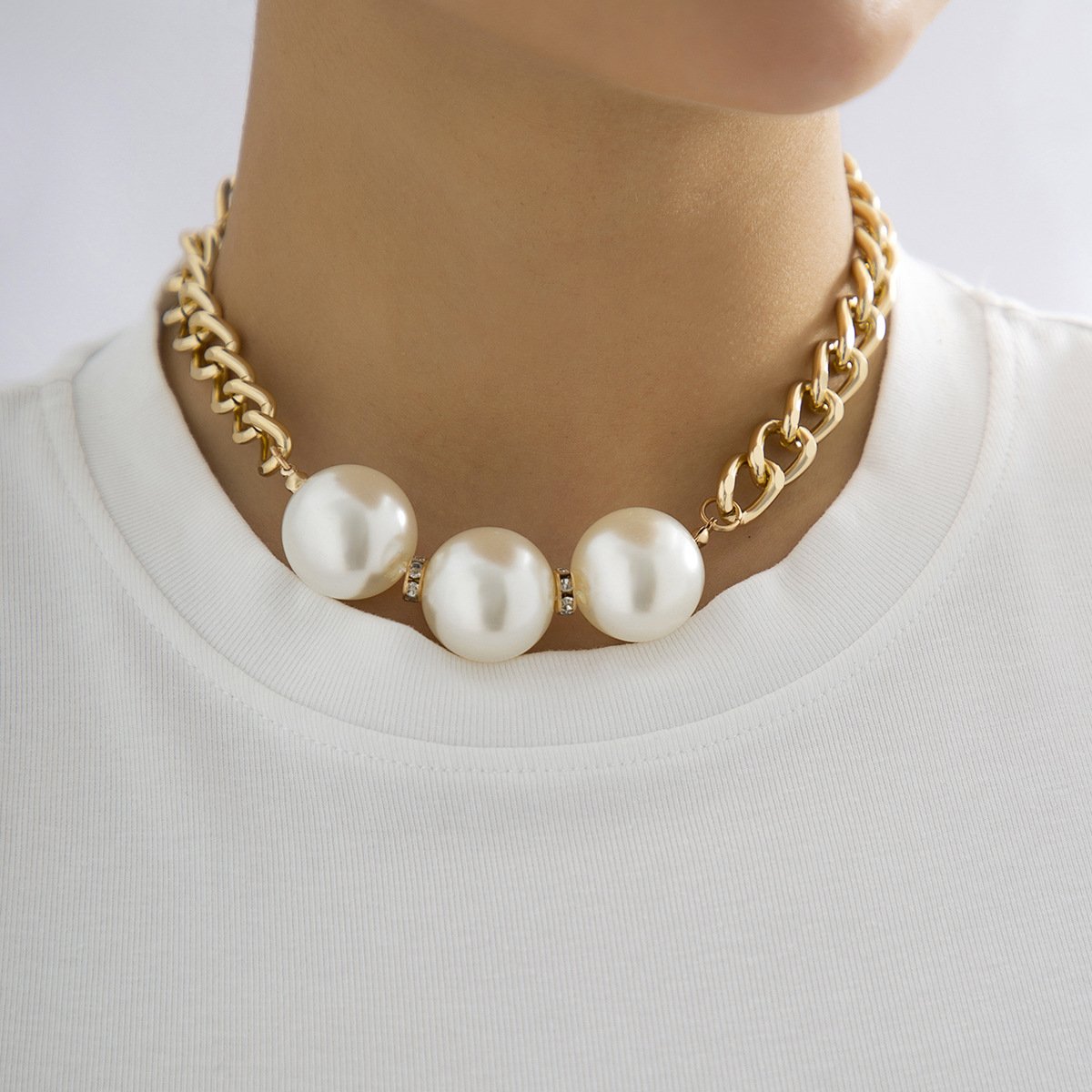 Jewelry Trend Geometric Thick Chain Hip-Hop Necklace Niche Personality Imitation Pearl Rhinestone Clavicle Chain