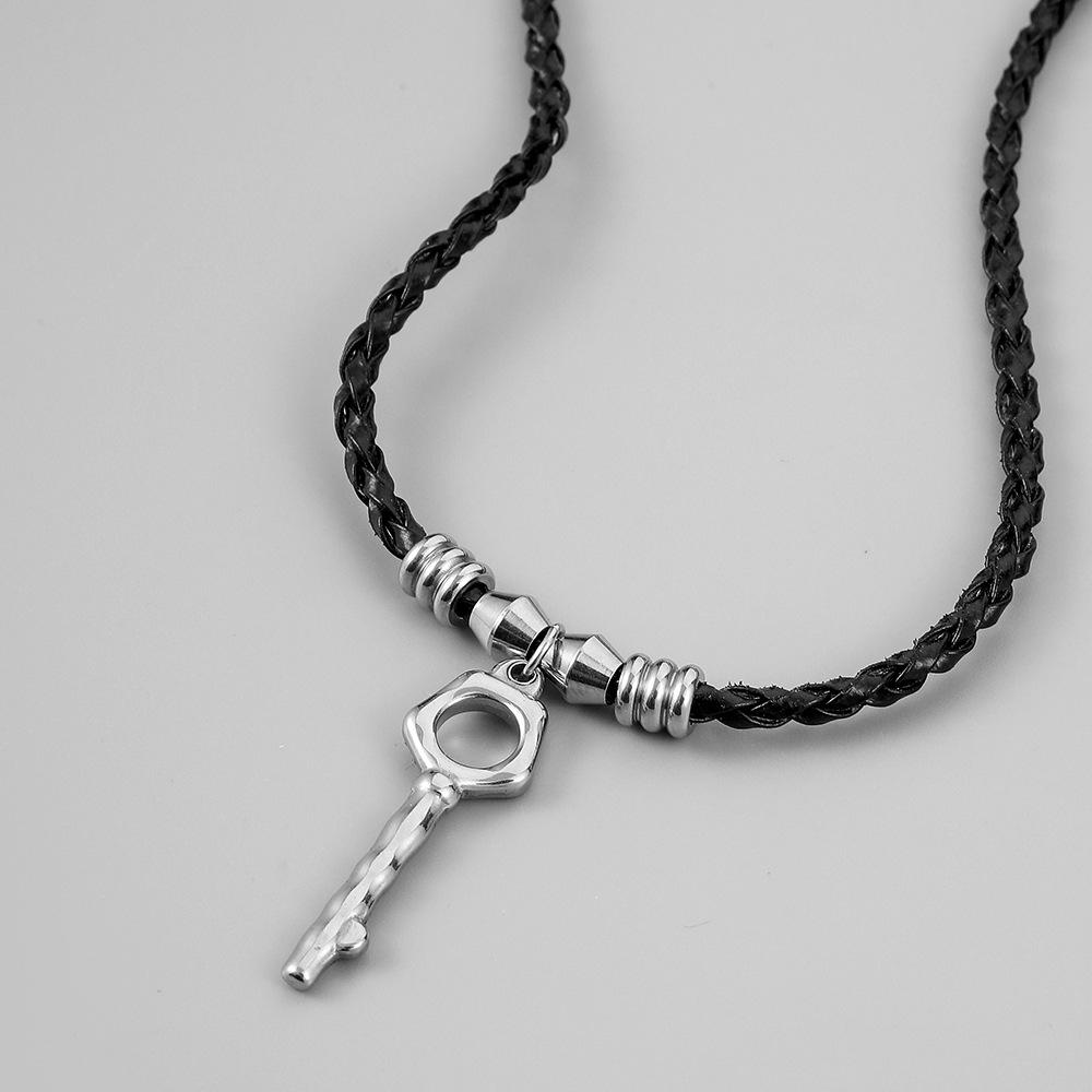 Fashion men's trend stainless steel key pendant leather rope necklace personality literary simple necklace