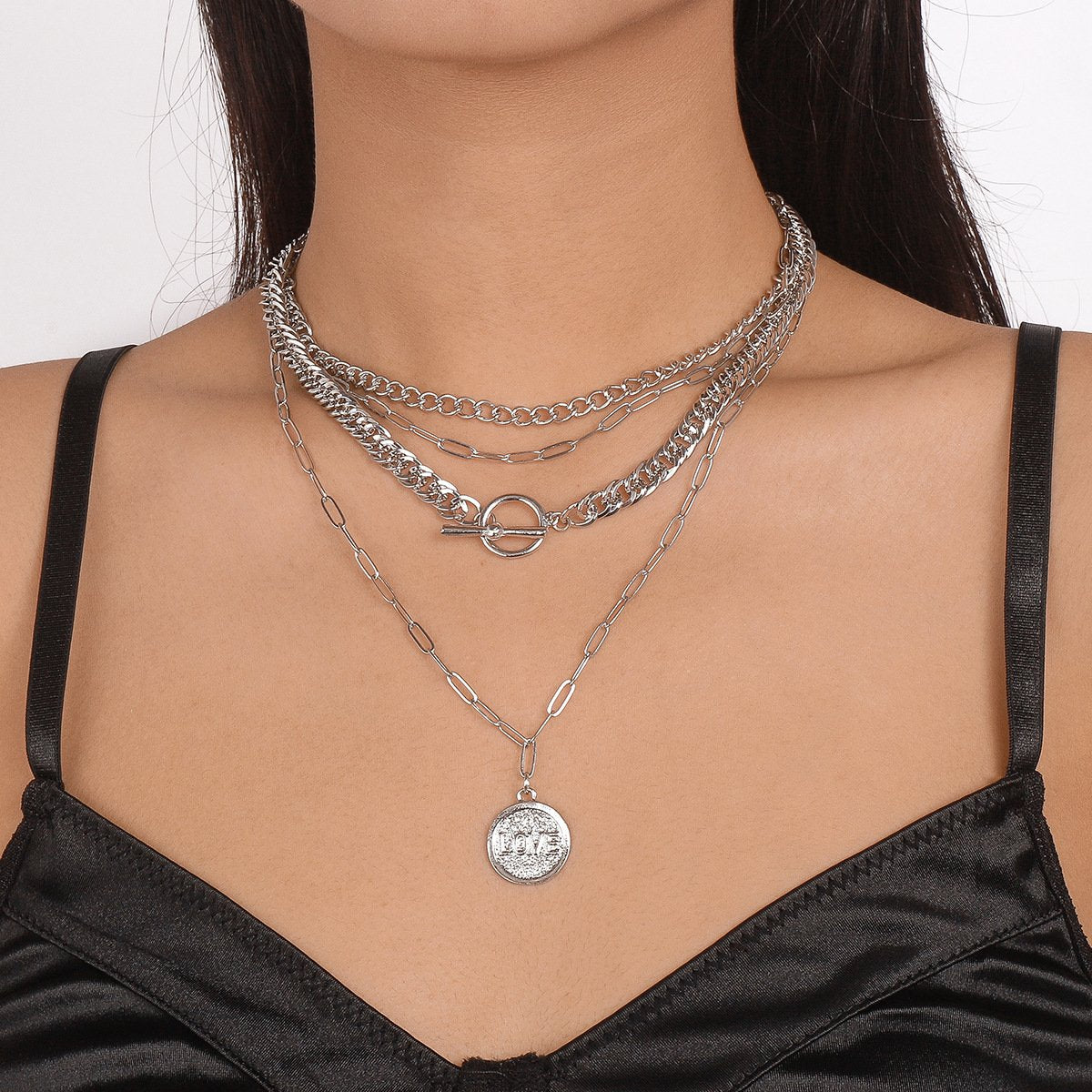 N1421 Jewelry Retro Exaggerated Multi-Layered Wearing Necklace LOVE Disc OT Buckle Chain Necklace
