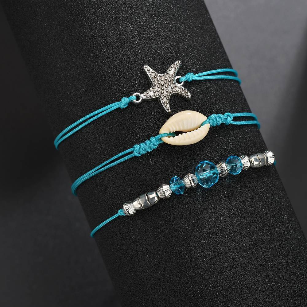 Anklet Creative Bohemian Starfish Shell Blue Bead Anklet Set Three-piece Set