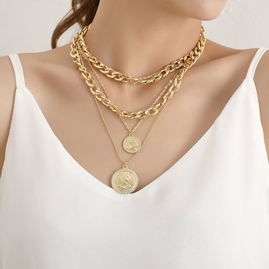 Jewelry aluminum alloy multi-layer round plate pendant necklace ladies fashion temperament handmade popular necklace
