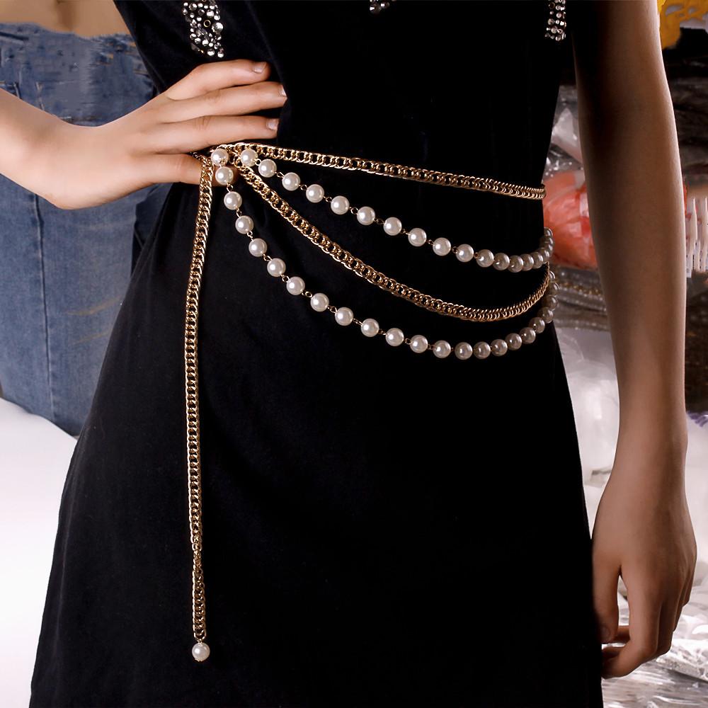 Jewelry hip-hop metal texture imitation pearl multi-circle waist chain temperament small incense chain body