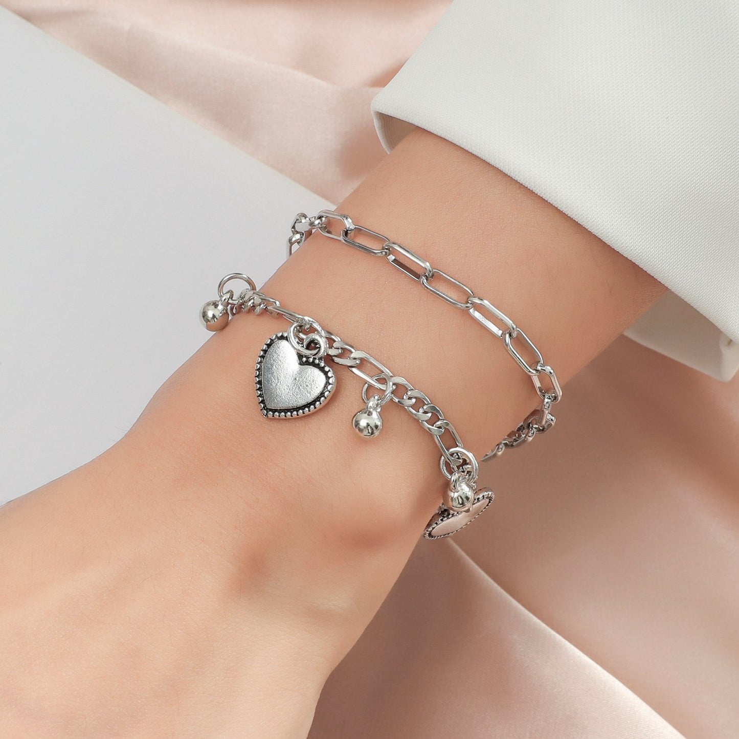 Retro double-layer love bracelet couple ins cold hip-hop personality ball chain bracelet