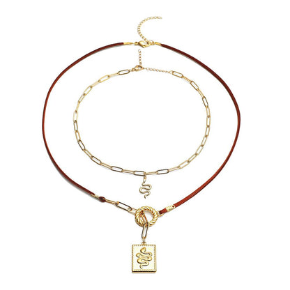 Stainless Steel Leather Rope Double Layer Necklace Small Snake Square Brand Totem Pendant Fashion Temperament Clavicle Chain Female