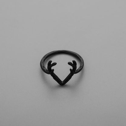 Personality simple black elk antler ring fashion silver deer head finger ring men and women all-match accessories