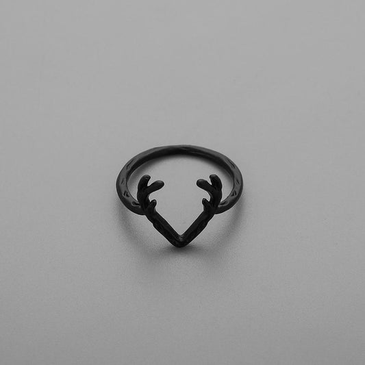 Personality simple black elk antler ring fashion silver deer head finger ring men and women all-match accessories