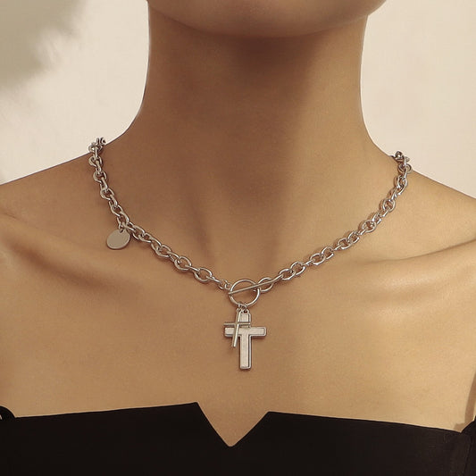 Explosive punk double cross white mother-of-pearl pendant necklace hot girl clavicle chain high-end sense light luxury