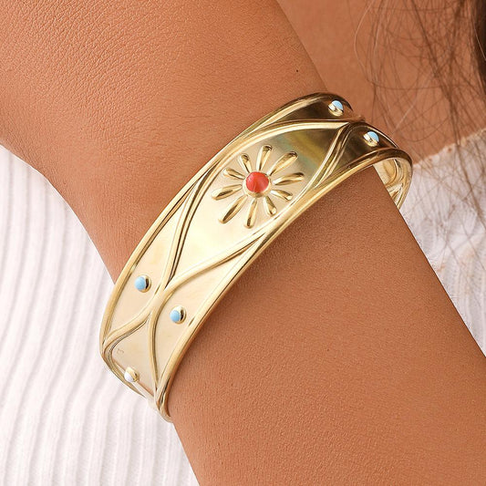 Ins niche design bracelet stainless steel wide-brimmed embossed flowers adjustable bracelet titanium steel bracelet