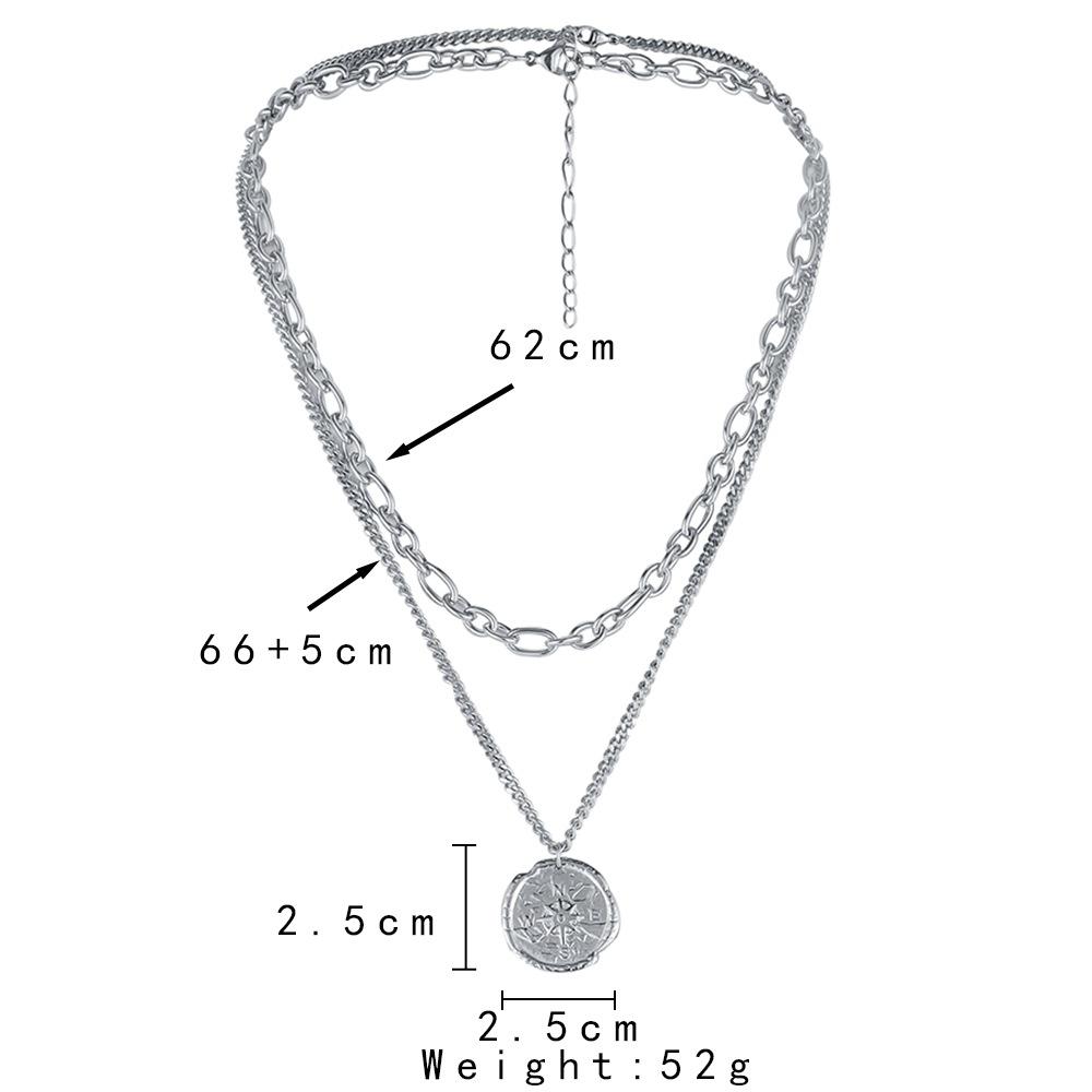 Punk Fashion Men's Stainless Steel Double Stacked Coin Compass Pendant Necklace Sweater Chain