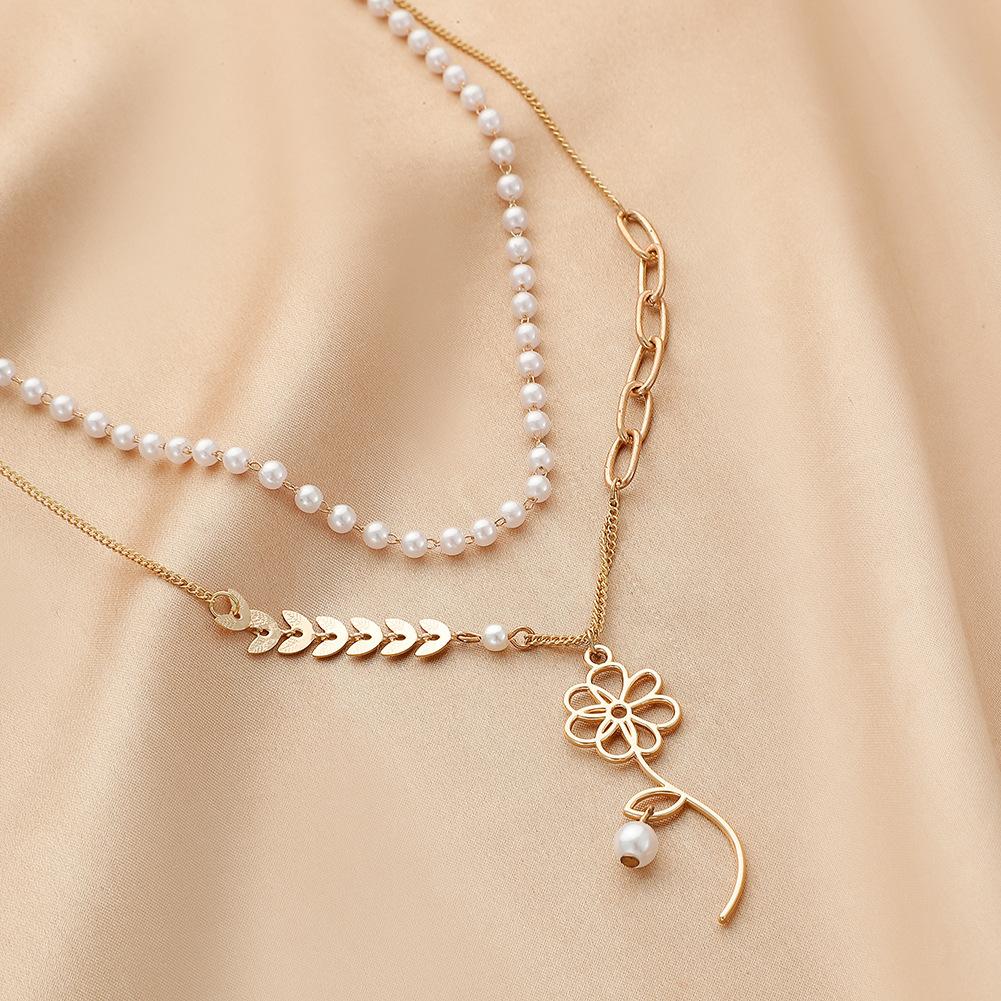 Fashion ins double-layer wheat ear flower pendant personality simple pearl necklace niche design sense female