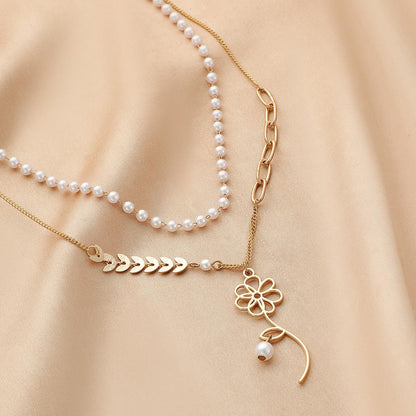 Fashion ins double-layer wheat ear flower pendant personality simple pearl necklace niche design sense female