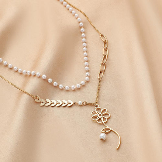 Fashion ins double-layer wheat ear flower pendant personality simple pearl necklace niche design sense female
