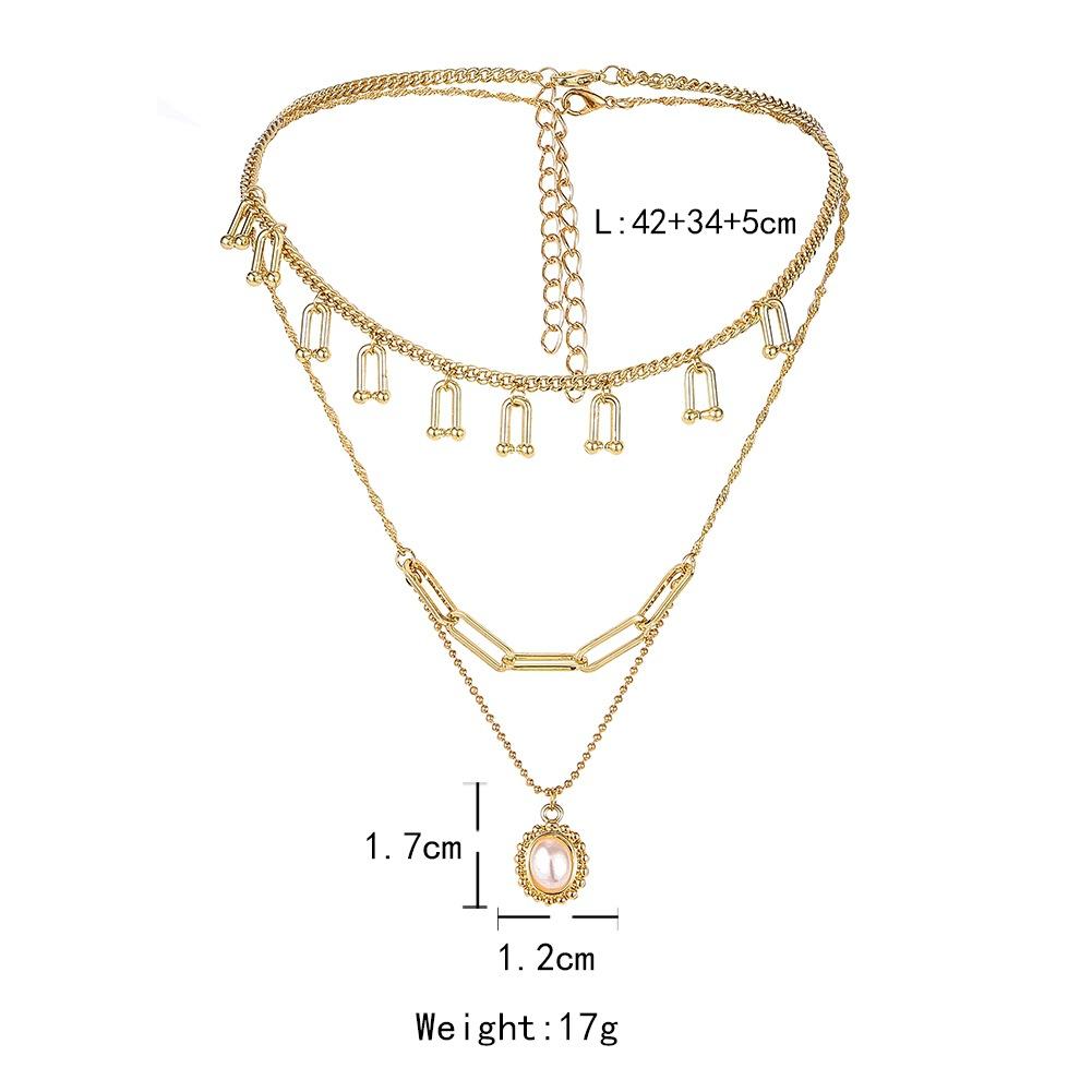Fashion multi-layer U-shaped horseshoe tassel necklace personality oval pearl pendant clavicle chain jewelry female