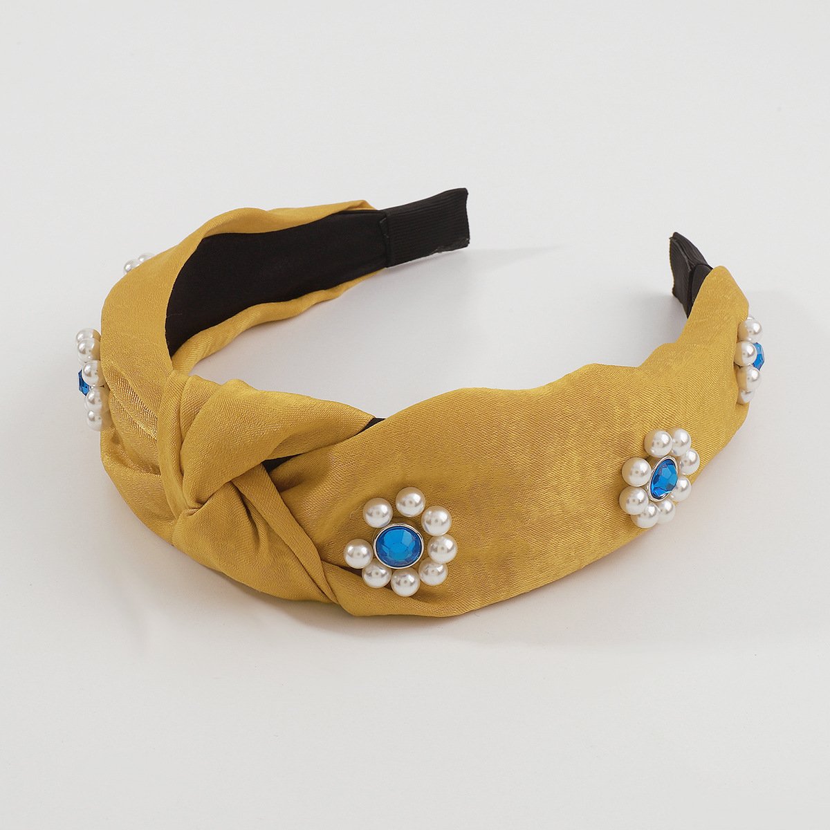 F4525 rhinestone pure color temperament headband imitation pearl niche elegant wide-brimmed fabric knotted going out headband