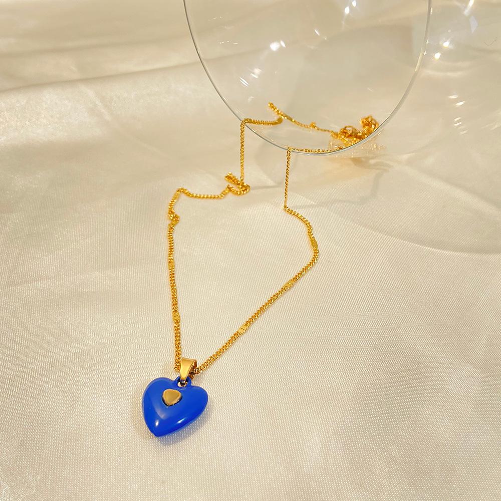 Fashion enamel dripping oil double love necklace French light luxury inlaid peach heart pendant clavicle chain simple necklace