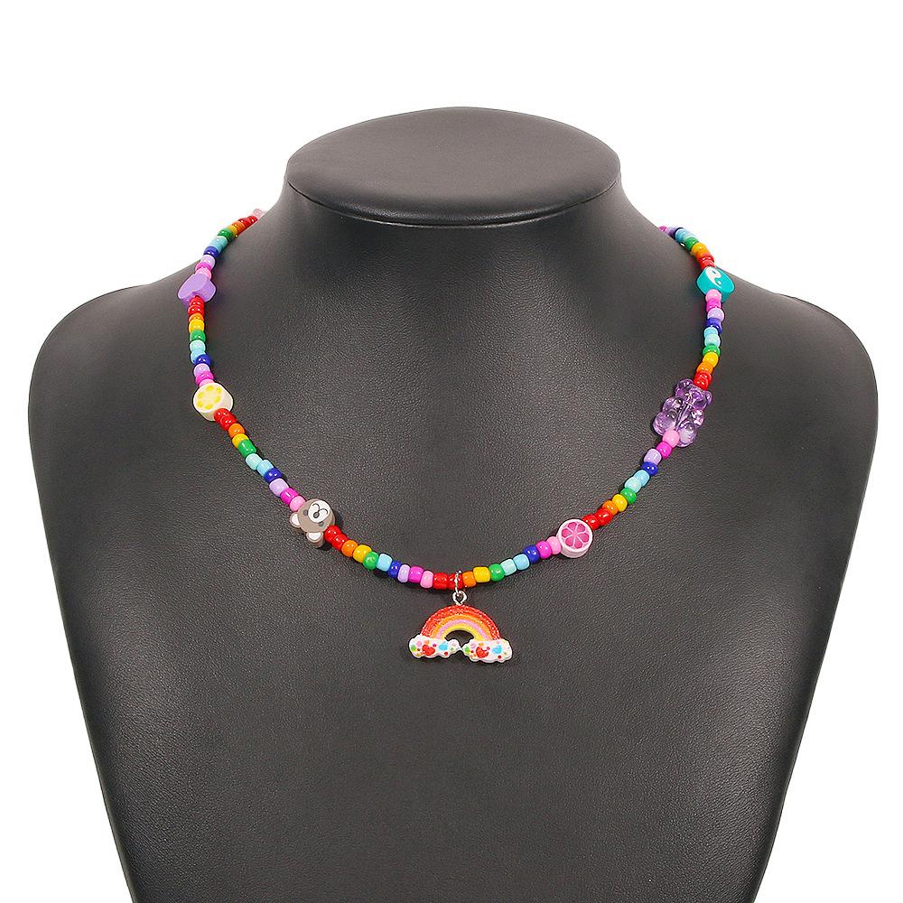 N9147 Colorful Rice Bead Necklace Soft Pottery Bear Cartoon Necklace Cute Rainbow Pendant Clavicle Chain Female