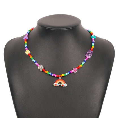 N9147 Colorful Rice Bead Necklace Soft Pottery Bear Cartoon Necklace Cute Rainbow Pendant Clavicle Chain Female