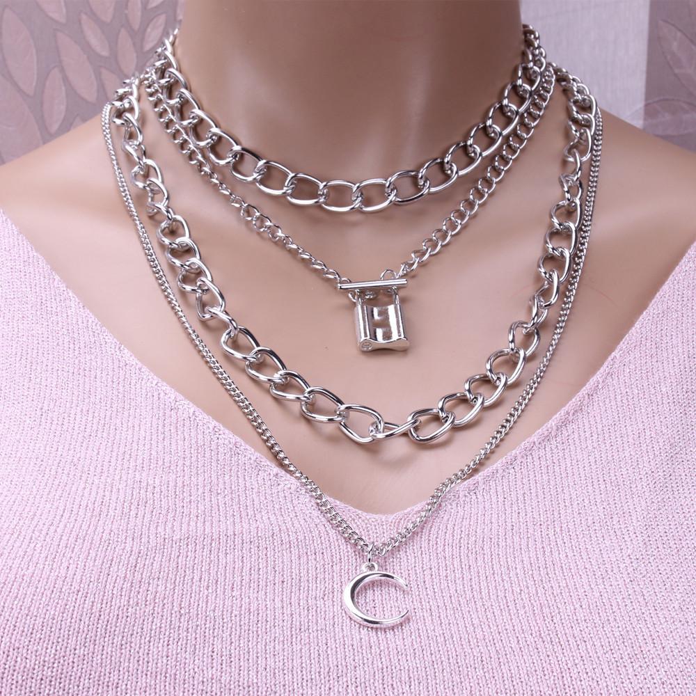 Jewelry Creative Lock Alloy Moon Necklace Fashion Simple Multilayer Chain Necklace Women