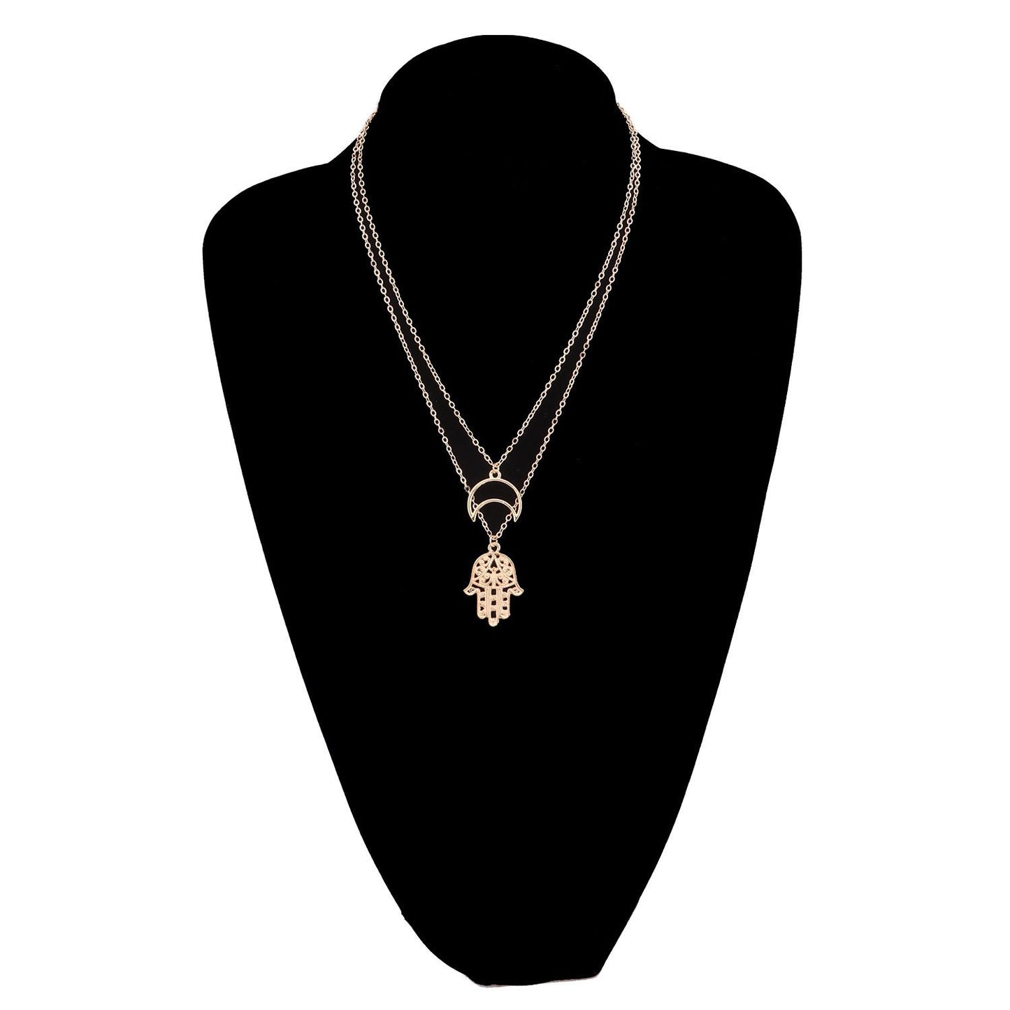 Jewelry Hollow Crescent Moon Fatima Hand Pendant Necklace Female Personality Adjustable Multilayer Necklace