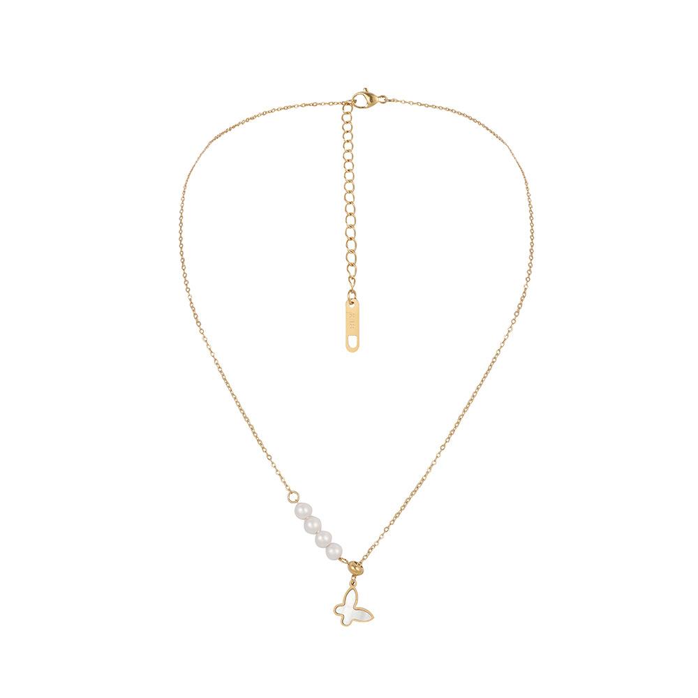 Fashion stainless steel butterfly mother-of-pearl pendant titanium steel trendy aesthetic and elegant pearl clavicle necklace